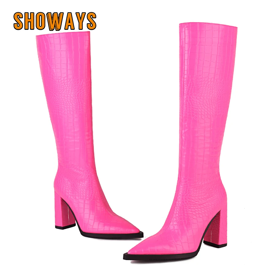Zip Up Boots Short - Faux Crocodile Leather Women Knee High
