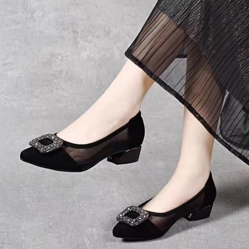Women'S Heels - Elegant Pointed Toe Mesh Block Heel